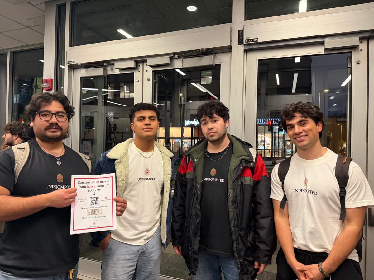 Musicians standing together with a flyer